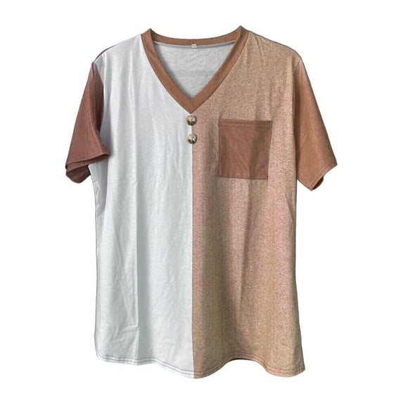 Tiqkatyck Women Summer Tops Clearance, Womens Fashion V Neck Button Pocket Short Sleeve Contrasting Color T Shirt Fashion Loose Tops for Women Trendy, T Shirts for Women Khaki M