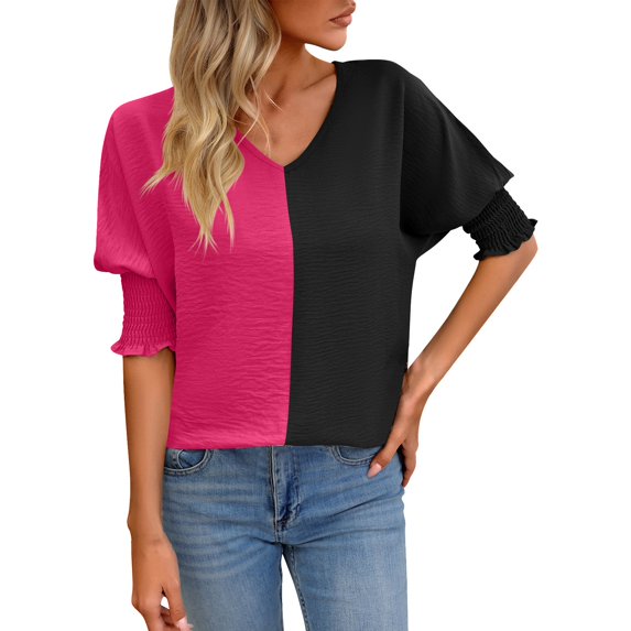 Tiqkatyck Women Summer Tops, Women's 3/4 Sleeve V Neck Loose Sleeve Color Block T Shirts, Shirts for Women Hot Pink S