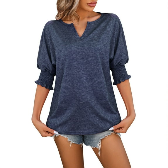 Tiqkatyck Women Summer Tops, Women's Fashion Short Sleeve Solid Color Loose V Neck Bat Sleeve Casual T Shirts, Shirts for Women Navy XL
