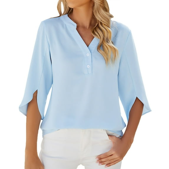 Tiqkatyck Women Summer Tops, Women's Fashion Short Sleeve Solid Color V Neck Chiffon T Shirt, Shirts for Women Blue XXL