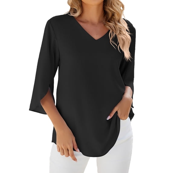 Tiqkatyck Women Summer Tops, Women's Fashion Short Sleeve Solid Color V Neck Loose Chiffon T Shirt, Summer Tops for Women, Shirts for Women Black L