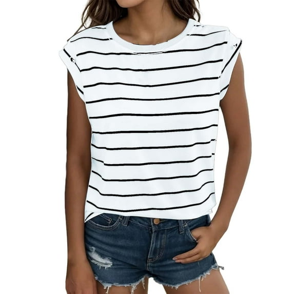 Tiqkatyck Women Summer Tops, Women's Fashion Summer Round Neck Loose Sleeveles Striped T Shirt, Tank Top for Women, Shirts for Women White S