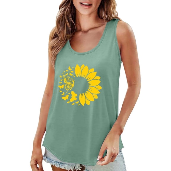 Tiqkatyck Women's 2025 Flowers Round Neck Sleeveless Shirts Casual Loose Vest Tank Tops Loose Fit T Shirt Trendy Summer Tops for Women 2025 Mint Green L
