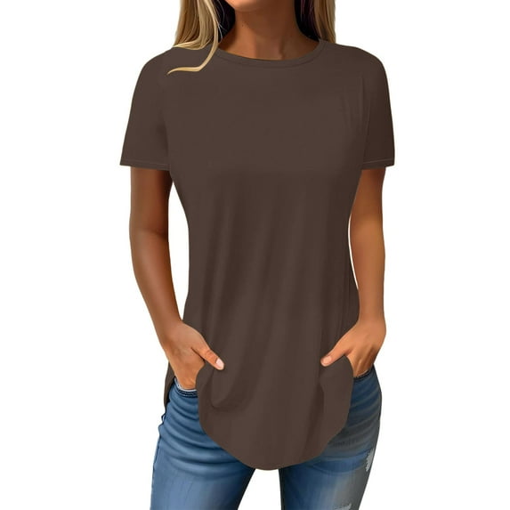 Tiqkatyck Women's Spring and Summer Round Neck Short Sleeve Womens Tops Irregular Hem T Shirt Top Summer Tops T Shirts for Women Coffee L