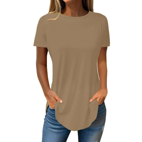 Tiqkatyck Women's Spring and Summer Round Neck Short Sleeve Womens Tops Irregular Hem T Shirt Top Summer Tops T Shirts for Women Khaki S