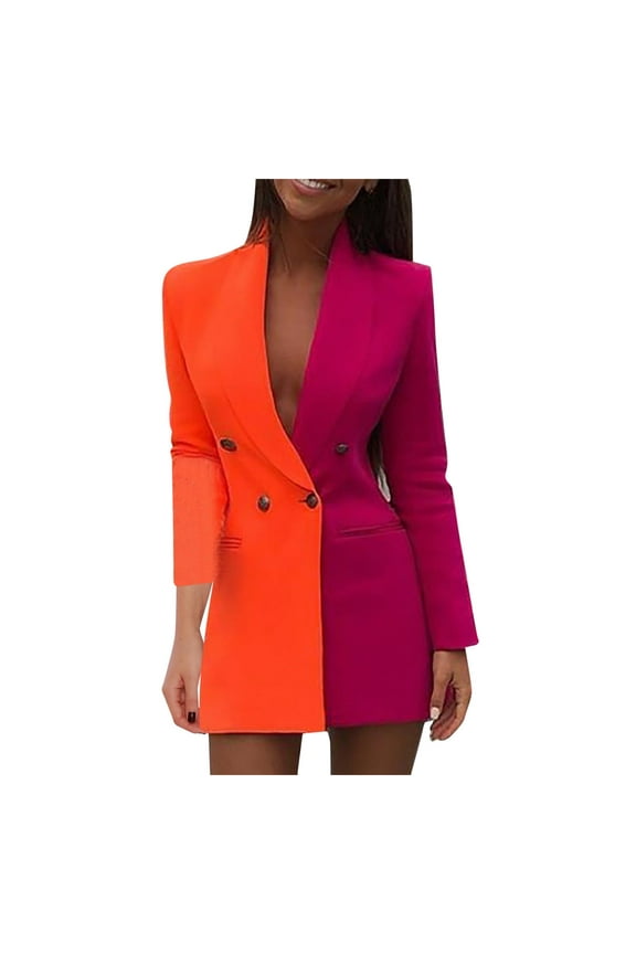 Womens Blazer on Sale, Woman's Fashion Colorblock Patchwork Suit Jacket Long Sleeve V Neck Suit Dress Coat Suit Jackets for Women Blazers for Women Orange XXL