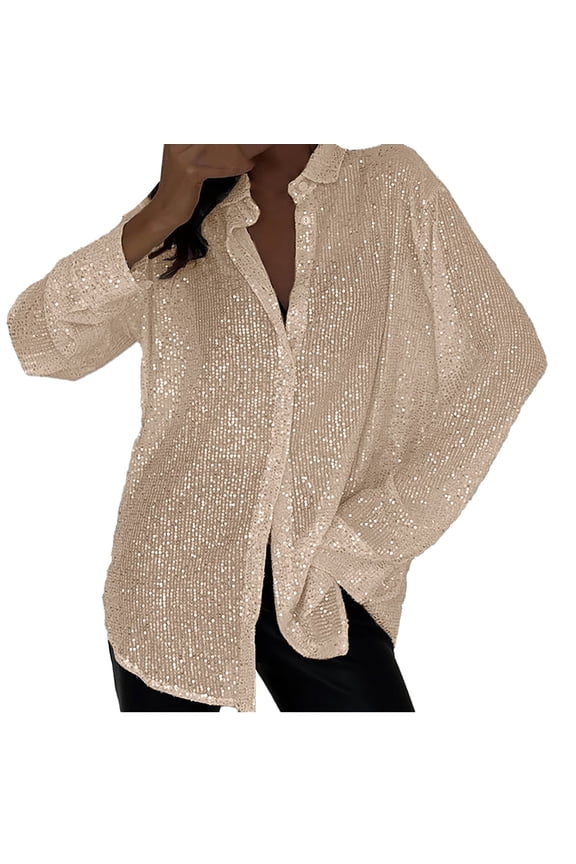 Womens Blouses, Spring Summer New Bead Sequin Tops Lapel Sparkly Long Sleeve Party Tops Basic Sequin Shirt Coat Womens Button Down Shirt Long Sleeve Shirts for Women Khaki S