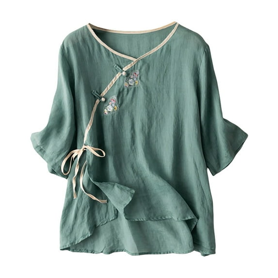 Tiqkatyck Womens Blouses, Women's Flower Embroidered Shirt Summer Loose Chinese Style Top Womens Button Down Shirt Long Sleeve Shirts for Women Blue M