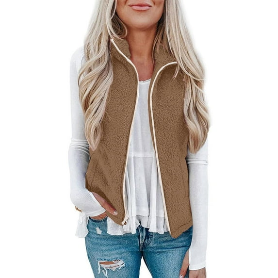 Tiqkatyck Womens Clothes Clearance Women's Solid Color Fashion Casual Sleeveless Pocket Zipper Coat Womens Tops Khaki M