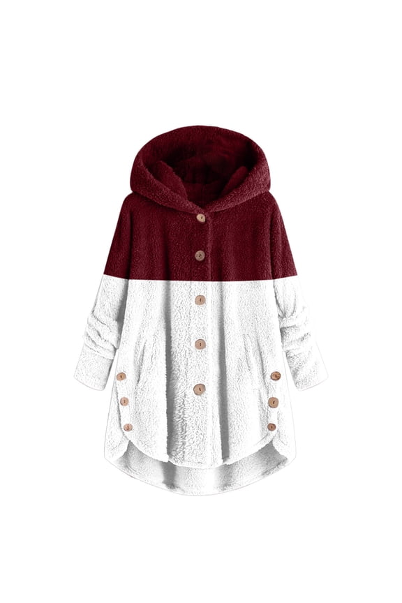 Womens Clothes Clearance Women's Spliced Button Pocket Split Fashion Casual Long Sleeve Plush Coat Womens Tops Wine XXXXL