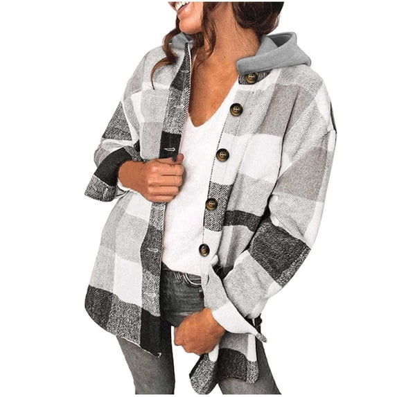 Tiqkatyck Womens Clothes Clearance Womens Plaid Shacket Jacket Long Sleeve Button Down Fleece Hooded Jackets Warm Coat Womens Tops Grey L