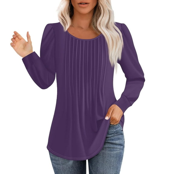 Tiqkatyck Womens Dressy Tops Womens Fall Tops Loose Fit Pleated Long Sleeve Shirts Casual Crewneck Blouse Plus Size Blouse Long Sleeve Shirts for Women Blouses for Women Dressy Casual Purple L