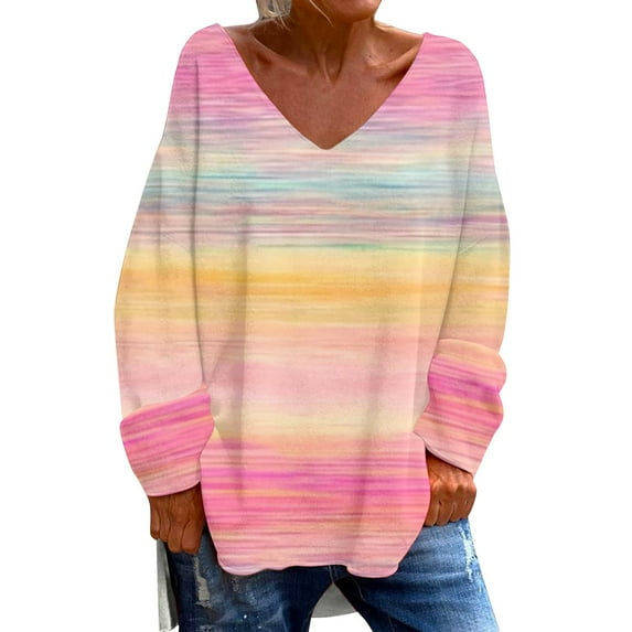 Tiqkatyck Womens Fall Shirts, Women's Fashion Casual Breast Cancer Awareness V Neck Long Sleeve Shirts Loose Top T Shirt Graphic Tees for Women, Breast Cancer Shirts for Women Orange S