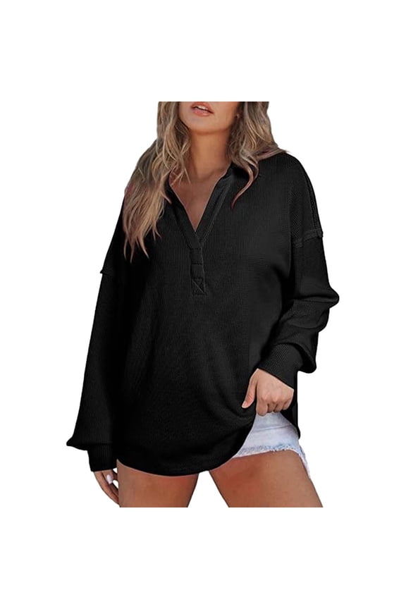 Womens Fall Shirts, Women's Knit Shirt Long Sleeve Shirts V Neck Solid Color Casual Belted Hoodie Blouses for Women Dressy Casual, Pullover Sweatshirts for Women Black S