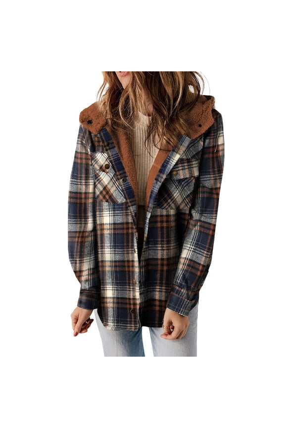 Womens Fashion Shacket Casual Long Sleeve Plaid Jacket with Pocket Button Plush Hooded Coat Winter Coats for Women Shackets for Women Navy XXL