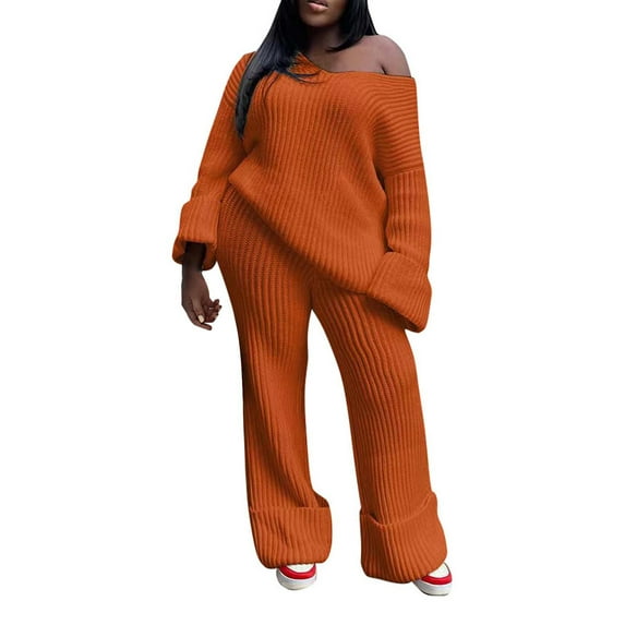 Tiqkatyck Womens Fashion Two Piece Sets for Women Women's 2 Piece Outfits Long Sleeve V Neck Knit Pullover Tops and Wide Leg Pant Streetwear Set Sweatpants Women Womens Long Sleeve Tops Brown