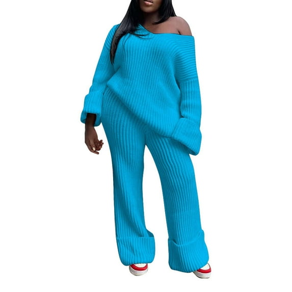 Tiqkatyck Womens Fashion Two Piece Sets for Women Women's 2 Piece Outfits Long Sleeve V Neck Knit Pullover Tops and Wide Leg Pant Streetwear Set Sweatpants Women Womens Long Sleeve Tops Blue