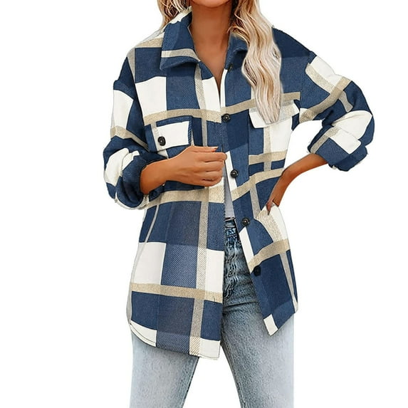 Tiqkatyck Womens Flannel Shirt, Women's Brushed Plaid Shirts Long Sleeve Flannel Lapel Button Down Pocketed Shacket Jacket Coats Shacket Long Sleeve Shirts for Women Plaid Shirts for Women Blue L