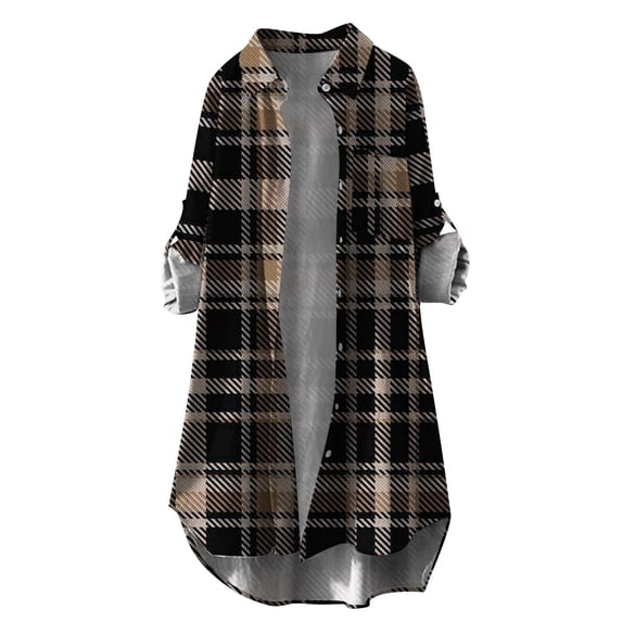 Tiqkatyck Womens Flannel Shirt, Women's Winter Stand Collar Long Checkered Cardigan Plaid Shirts for Women Button Down Shirts for Women, Shackets for Women 2024 Brown XXL