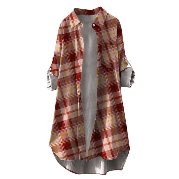 Tiqkatyck Womens Flannel Shirt, Women's Winter Stand Collar Long Checkered Cardigan Plaid Shirts for Women Button Down Shirts for Women, Shackets for Women 2024 Red XXL