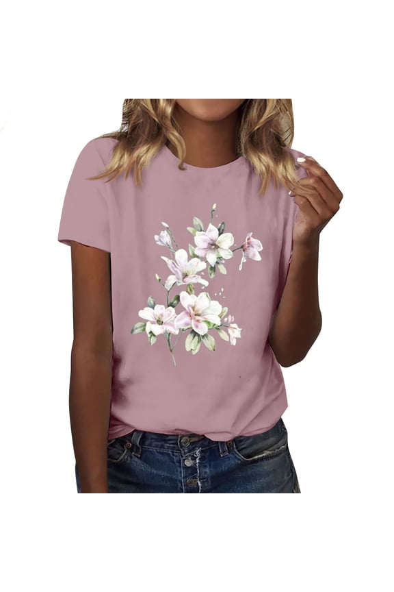 Womens Graphic Tees Womens Graphic T Shirt Vintage Floral Shirt Flower Tee Fall Shirts Plus Size Tops for Women Going Out Tops for Women Pink M