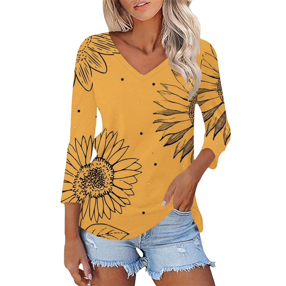 Tiqkatyck Womens Graphic Tees Womens Fashion 2025 Short Sleeve Casual V Neck Summer Tops Cute Loose Fit Blouses Graphic Tees Plus Size Tops for Women Going Out Tops for Women Yellow XXXL