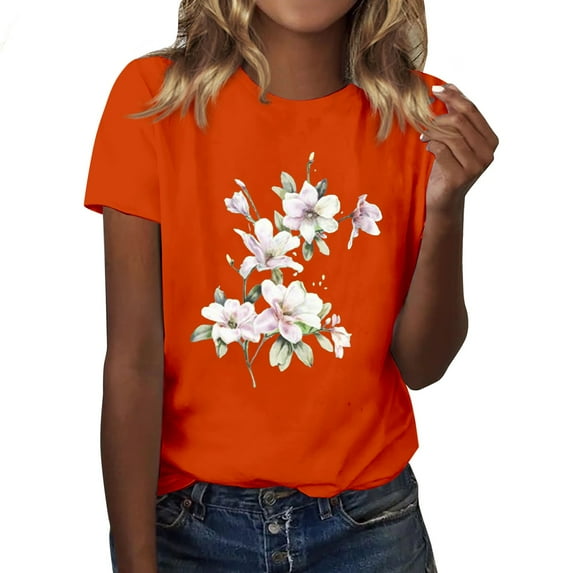 Tiqkatyck Womens Graphic Tees Womens Graphic T Shirt Vintage Floral Shirt Flower Tee Fall Shirts Plus Size Tops for Women Going Out Tops for Women Orange XXL