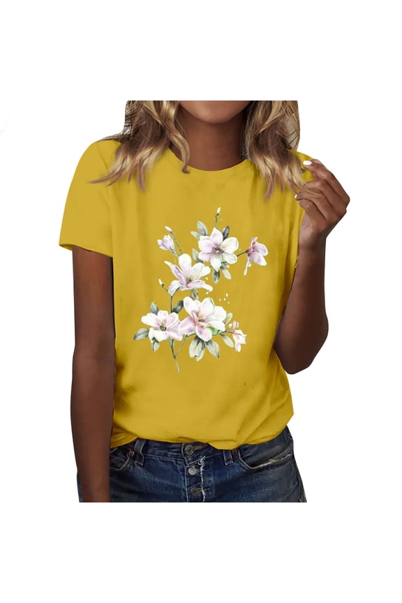 Womens Graphic Tees Womens Graphic T Shirt Vintage Floral Shirt Flower Tee Fall Shirts Plus Size Tops for Women Going Out Tops for Women Yellow L