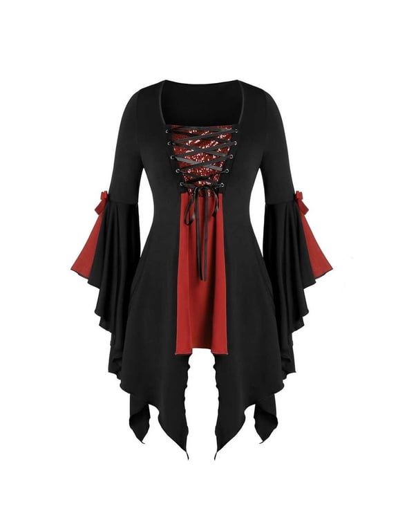 Womens Halloween Shirts, Tunic Sleeve Plus Lace Gothic Clothing Blouse Women Tops Size Tee Sequined Long Up Plus Size Tops Halloween Shirts for Women Witch Costume Women Red XXL