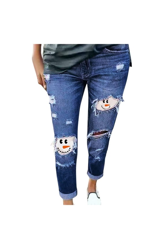 Womens Jean Clearance, Women Christmas Snowman Print Ripped Jeans Straight-Leg Jeans with Tassel, Jeans for Women Blue XXL