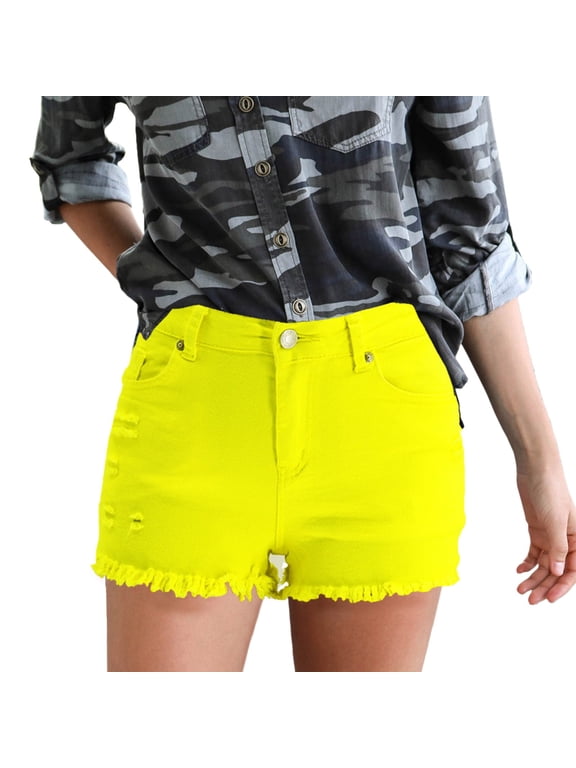 Womens Jeans Shorts Clearance, New Spring and Summer European and American Elastic Ripped Denim Shorts Women, Denim Shorts Women Yellow M