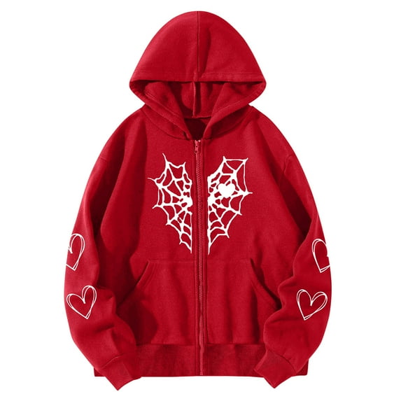 Tiqkatyck Womens Long Sleeve Tops Clearance, Women Heart Print Gothic Style Long Sleeve Hoodlies Zipper Thermal Hoodie Coat Hoodies for Women, Gifts for Women Red