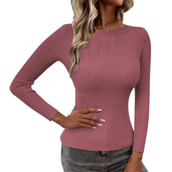 Tiqkatyck Womens Long Sleeve Shirts, Women's Autumn and Winter Solid Round Neck Pullover Long Sleeve Knitted Sweater Top Crewneck Sweat Shirts, Women Summer Tops Hot Pink XL