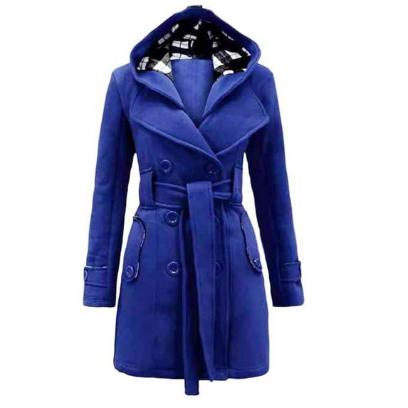 Tiqkatyck Womens Pea Coat on Sale, Women's Warm Winter Long Sections Hooded Coat with Belt Double Breasted Jacket Trench Coat Women, Winter Coats for Women Blue L