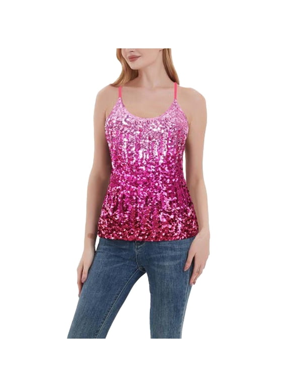 Womens Sequin Tops Women's New Sequined Top Shiny Vest Slim Fit Versatile Camisole Vest Glitter Tops Party Sparkly Tops for Women Hot Pink XL