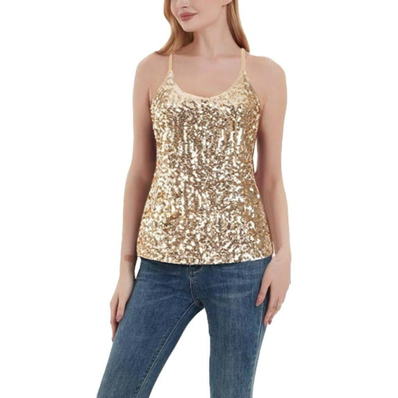 Tiqkatyck Womens Sequin Tops Women's New Sequined Top Shiny Vest Slim Fit Versatile Camisole Vest Glitter Tops Party Sparkly Tops for Women Gold L