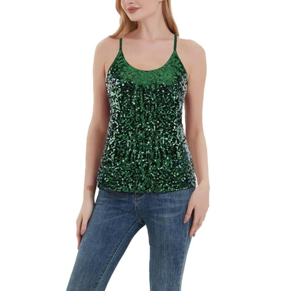 Tiqkatyck Womens Sequin Tops Women's New Sequined Top Shiny Vest Slim Fit Versatile Camisole Vest Glitter Tops Party Sparkly Tops for Women Green XXL