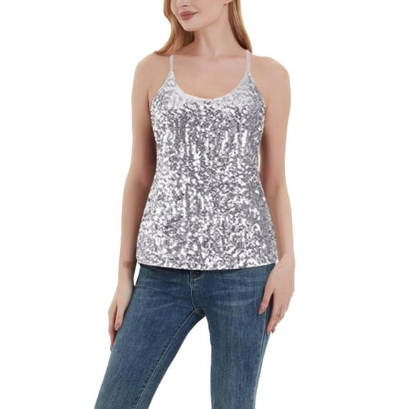 Tiqkatyck Womens Sequin Tops Women's New Sequined Top Shiny Vest Slim Fit Versatile Camisole Vest Glitter Tops Party Sparkly Tops for Women Grey XL