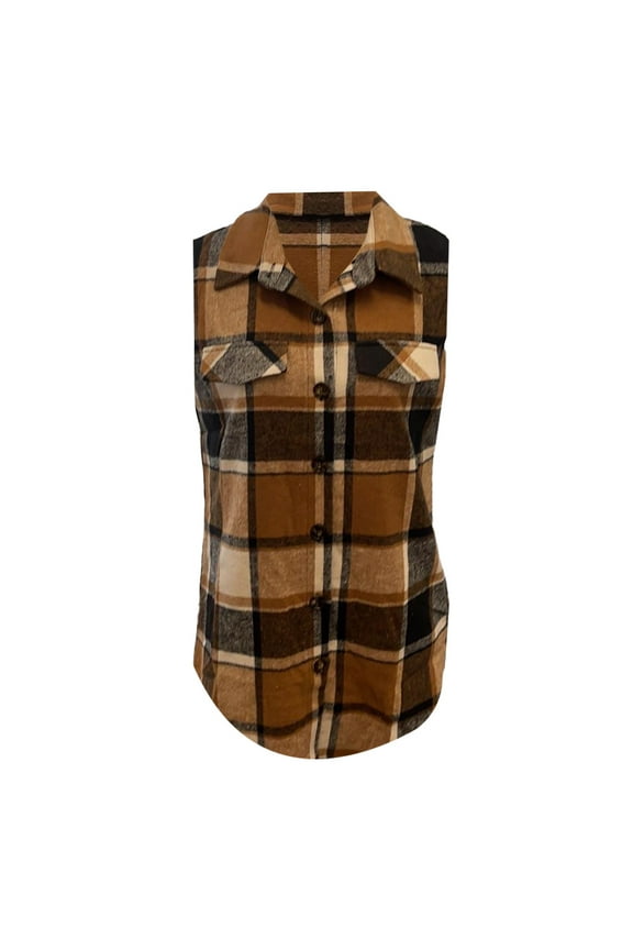 Womens Shacket, Women's Casual Button Down Shirts Long Sleeve Top Weskit Open Front Sleeveless Flannel Jacket Women Plaid Vest for Women Brown XXL