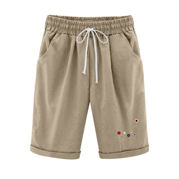 Tiqkatyck Womens Shorts Clearance, Women Summer High Waist Cotton Print Shorts Plus Size Shorts Lace Beach Workout Shorts With Pocket, Bermuda Shorts for Women Khaki XXXL