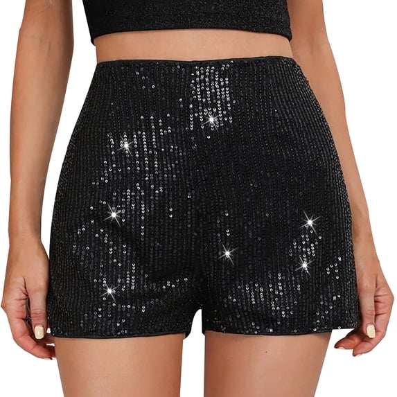 Tiqkatyck Womens Shorts Clearance, Women's Fashion Beaded Slim Fit Sequins Shorts Solid Color Mid Rise Alluring Straight Leg Shorts, Workout Shorts, Bermuda Shorts for Women Black L
