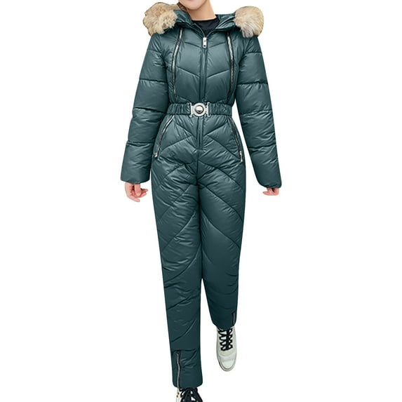 Tiqkatyck Womens Ski Suit Clearance Women's Winter Ski Onesie Outdoor Sports Snowsuit Removable Collar Coat Onesie Jumpsuits for Women Dressy One Piece Jumpsuit Green