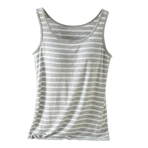 Tiqkatyck Womens Summer Tops Clearance, Women's Striped Scoop Neck Sleeveless Shirts with Chest Pad, Camisole Tops for Women Tank Tops for Women 2024 Grey XXL