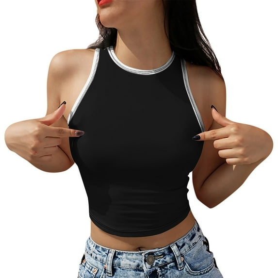 Tiqkatyck Womens Summer Tops, Womens Crew Neck Ribbed Sleeveless Shirts Cute Going Out Tops Slim Fit Summer Y2K Tops Camisole Tops for Women Tank Tops for Women 2024 Black S