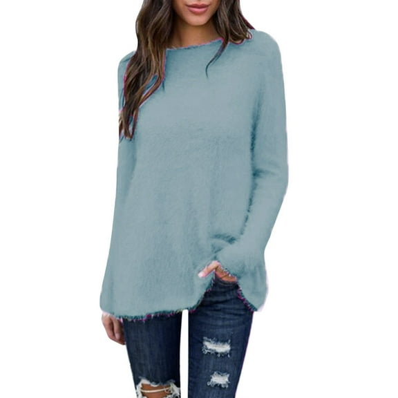 Tiqkatyck Womens Sweaters Ladies's Solid Color Long Sleeve Loose Fluzzy Plush Top Plush Tunic Tops Sweaters for Women Sweater Tops for Women Sky Blue L