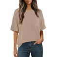 thumbnail image 1 of Tiqkatyck Womens Top Casual Contrasting Striped Short Sleeve Pocket Round Neck T Shirt Plus Size Tops for Women Going Out Tops for Women Khaki L, 1 of 7