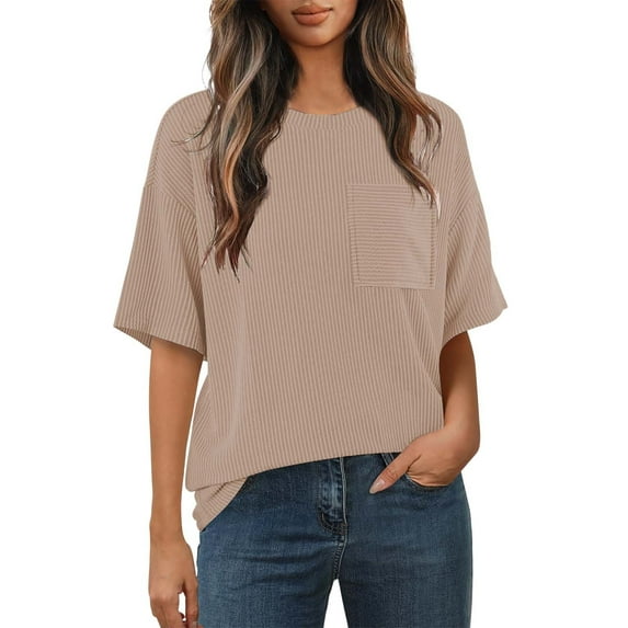 Tiqkatyck Womens Top Casual Contrasting Striped Short Sleeve Pocket Round Neck T Shirt Plus Size Tops for Women Going Out Tops for Women Khaki L