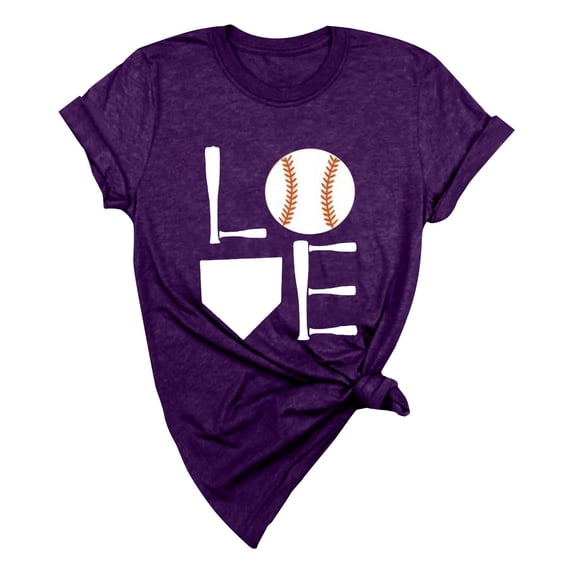 Tiqkatyck Womens Tops Clearance, Women's Baseball Print Loose T Shirt Short Sleeve Top, Summer Tops for Women, Long Sleeve Shirts for Women Purple