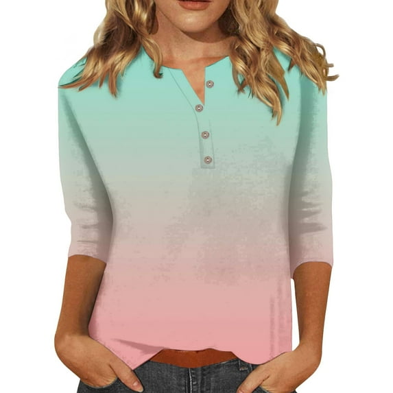 Tiqkatyck Womens Tops Clearance, Women's Fashion Button Up 3/4 Sleeve Solid Color T Shirt Shirts for Women, Summer Tops for Women 2024 Light Blue XXXL