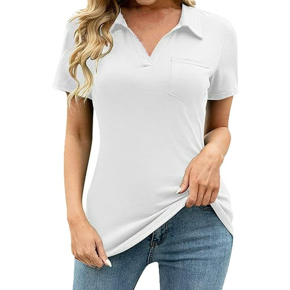 Tiqkatyck Womens Tops Clearance, Women's Shirts Collared Work Tops Short Sleeve Business Casual Dressy Blouses Summer Tops With Pocket Summer Tops Golf Polo Shirts for Women White S